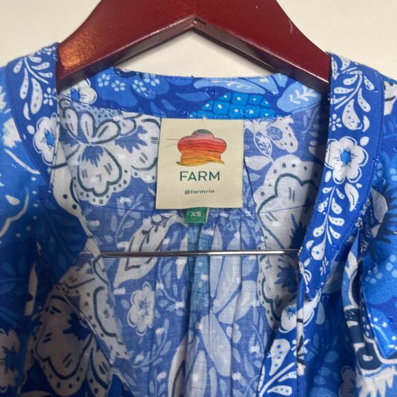 Farm Rio Blue Full of Flowers Blouse Baloon sleeves Sz XS - Picture 2 of 5